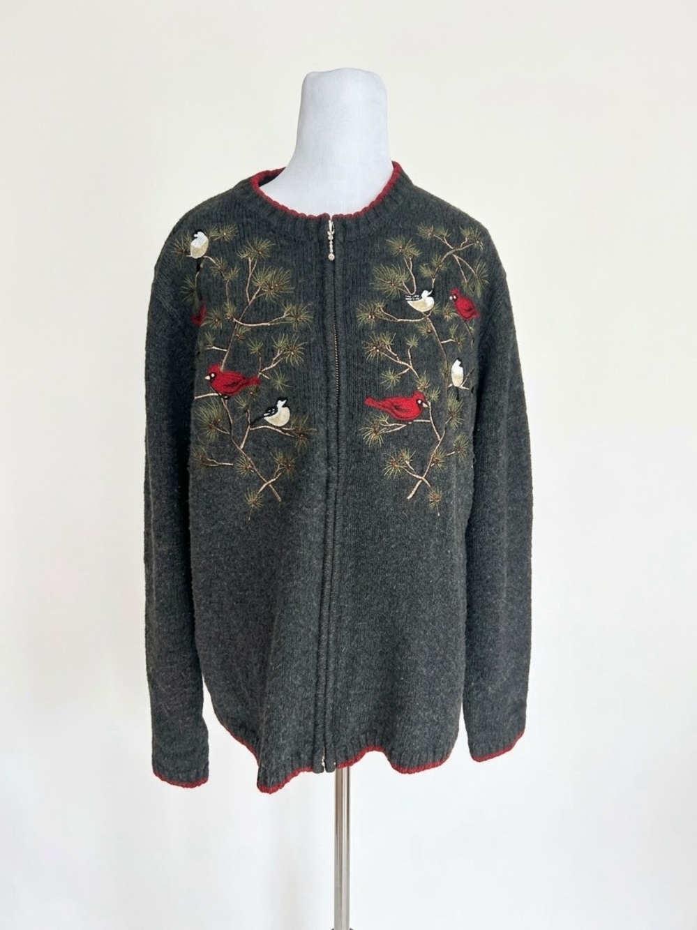 Vtg Croft & Barrow Cardinal Christmas Sweater Sz XL Silk Blend Gray Zip Holiday